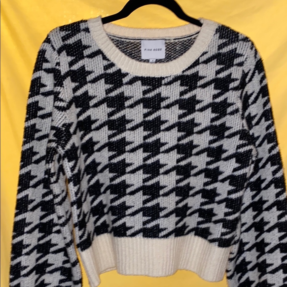 Pink Rose Black and White Houndstooth Sweater